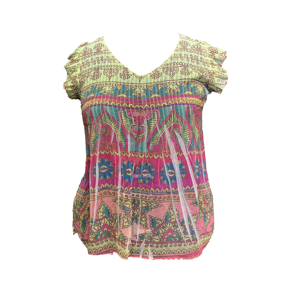 Women's One World semi-sheer blouse, sz L, green, pink, sequin, flutter sleeve - Picture 5 of 7